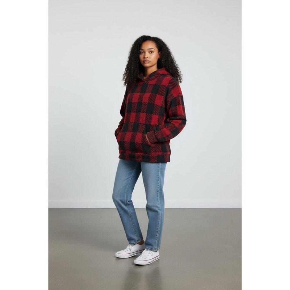 Skims S/M Red & Black Sherpa Buffalo Plaid Oversized Hoodie Sweater